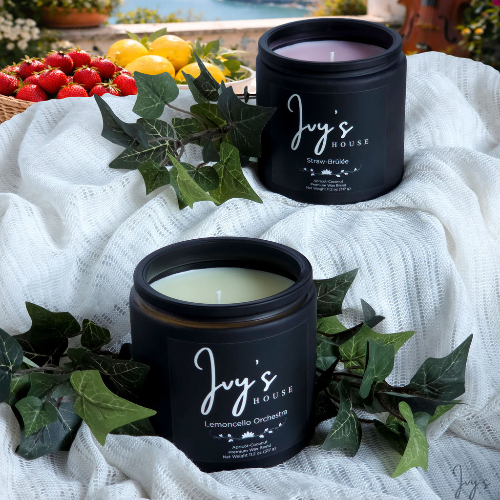 Sweet Soirée candle collection by Ivy’s House with Straw-Brûlée and Lemoncello Orchestra in a bright, fruit-inspired setting